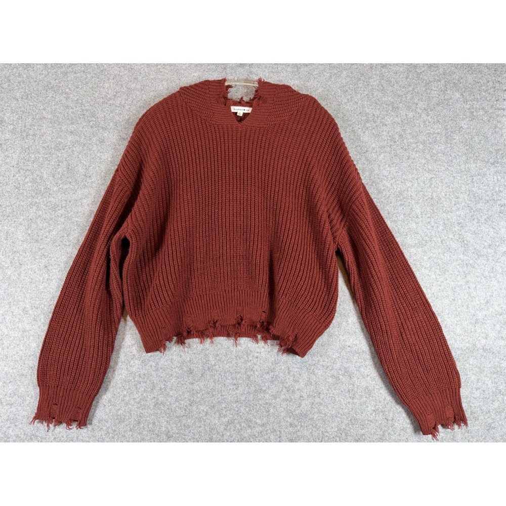 Hooked Up Distressed Knit Hoodie Womens XL Rust Brown Excellent Ribbed Cropped